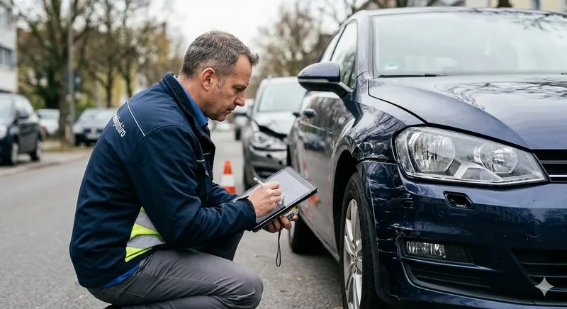 KFZ-Sachverständiger bei der Schadenbegutachtung eines Fahrzeugs